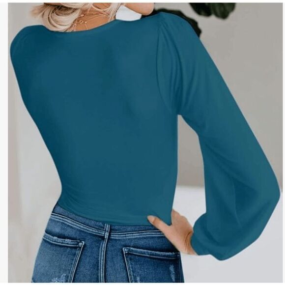 Women Plain Long Sleeve Slim Fit Bodysuits Basic V Neck Casual Jumpsuit Teal- si - Picture 2 of 6